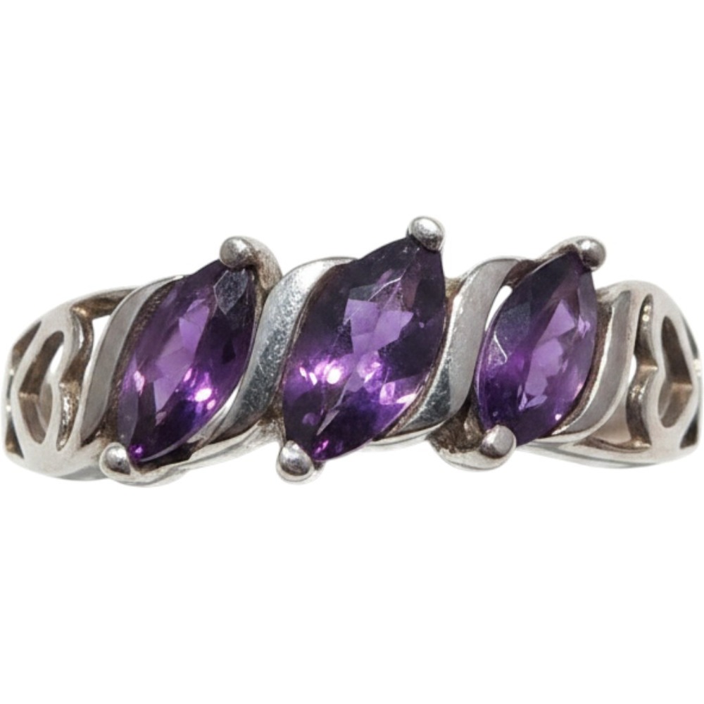 925 Sterling Silver Marquise Amethyst Heart Cutout Ring Size 8 Purple Gemstone